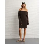 AE Off-the-Shoulder Sweater Mini Dress - Brown