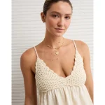AE Sunchaser Knit Crochet Babydoll Cami - Cream