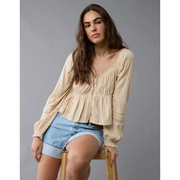 AE Long-Sleeve Babydoll Blouse - Cream