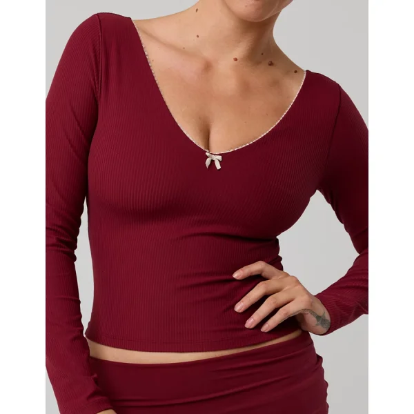 OFFLINE By Aerie Real Me XTRA Rib Open V-Neck T-Shirt - Deep Cherry
