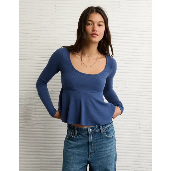 AE Long Sleeve Babydoll Top - Deep Sea Blue