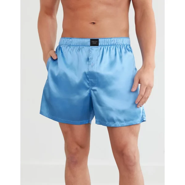 AEO Men's Solid Satin Pocket Boxer Short - Washed Blue