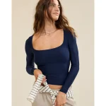 SMOOTHEZ Square Neck Long Sleeve T-Shirt - Navy