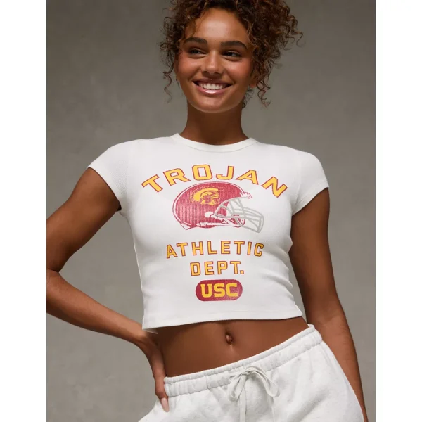 AE USC Trojans Graphic Cropped Baby Tee - Cool White