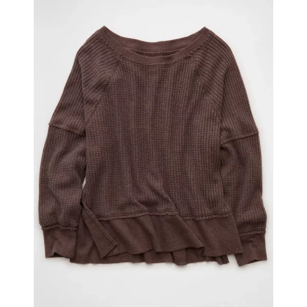 AE Big Hug Off-The-Shoulder Waffle Sweatshirt - Chocolate