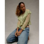 AE Embroidered Tie-Front Mesh Blouse - Green