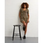 AE Puff Sleeve Tie Front Plaid Mini Dress - Green