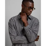 AE77 Premium Relaxed Striped Poplin Button-Up Shirt - Navy