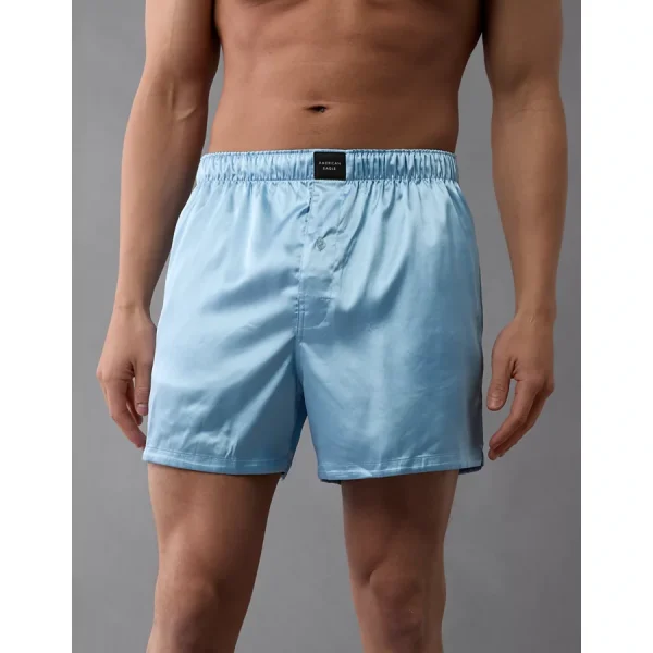 AEO Men's Solid Satin Pocket Boxer Short - Blue Breeze