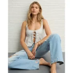 AE Tie Front Flyaway Babydoll Tank Top - Light Heather Gray