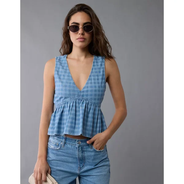 AE V-Neck Denim Babydoll Tank Top - Medium Wash