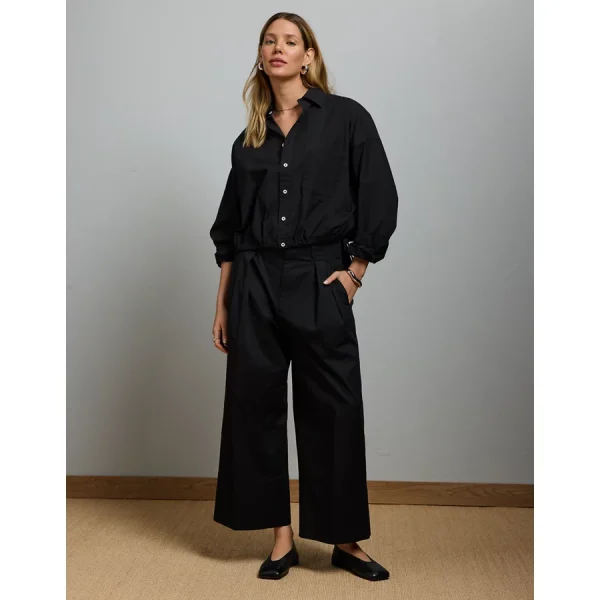 AE77 Premium Poplin Long-Sleeve Button-Up Bubble Shirt - Black