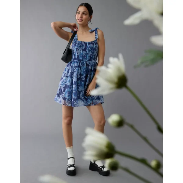 AE Corset Tie Strap Floral Mini Dress - Blue
