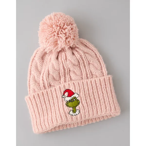 AE Embroidered Grinch Cable-Knit Beanie - Dusty Pink