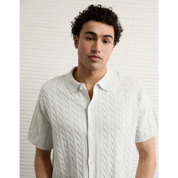 AE Weekend Cable Knit Button-Up Sweater Polo Shirt - Light Heather Gray