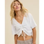 Aerie Cropped Cinch Front Top - White