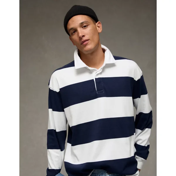 AE Long Sleeve Boxy Rugby Polo Shirt - Dark Blue
