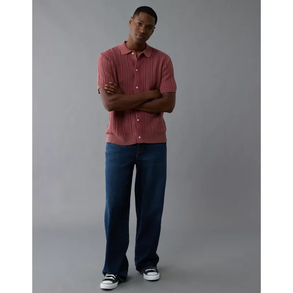 AE Weekend Washed Button-Up Sweater Polo Shirt - Wine