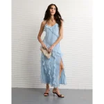 AE Asymmetrical Ruffle Maxi Slip Dress - Light Blue