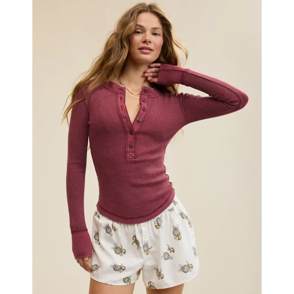 Aerie Henley Essential Layering T-Shirt - Deep Cherry