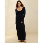 Aerie Long Sleeve Knit Tie Front Maxi Dress - True Black