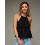 AE Embroidered Halter Tank Top - Black