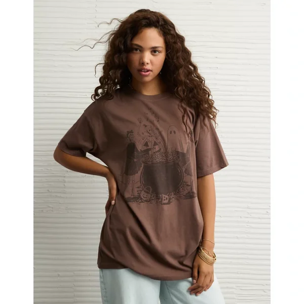 AE Oversized Halloween Graphic T-Shirt - Brown
