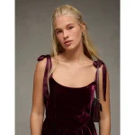AE Tie-Strap Velvet Mini Dress - Burgundy