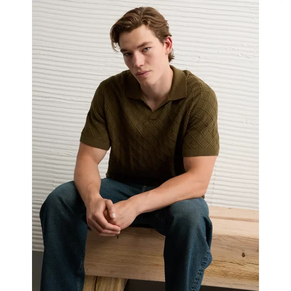 AE Weekend Cable Knit Sweater Polo Shirt - Olive